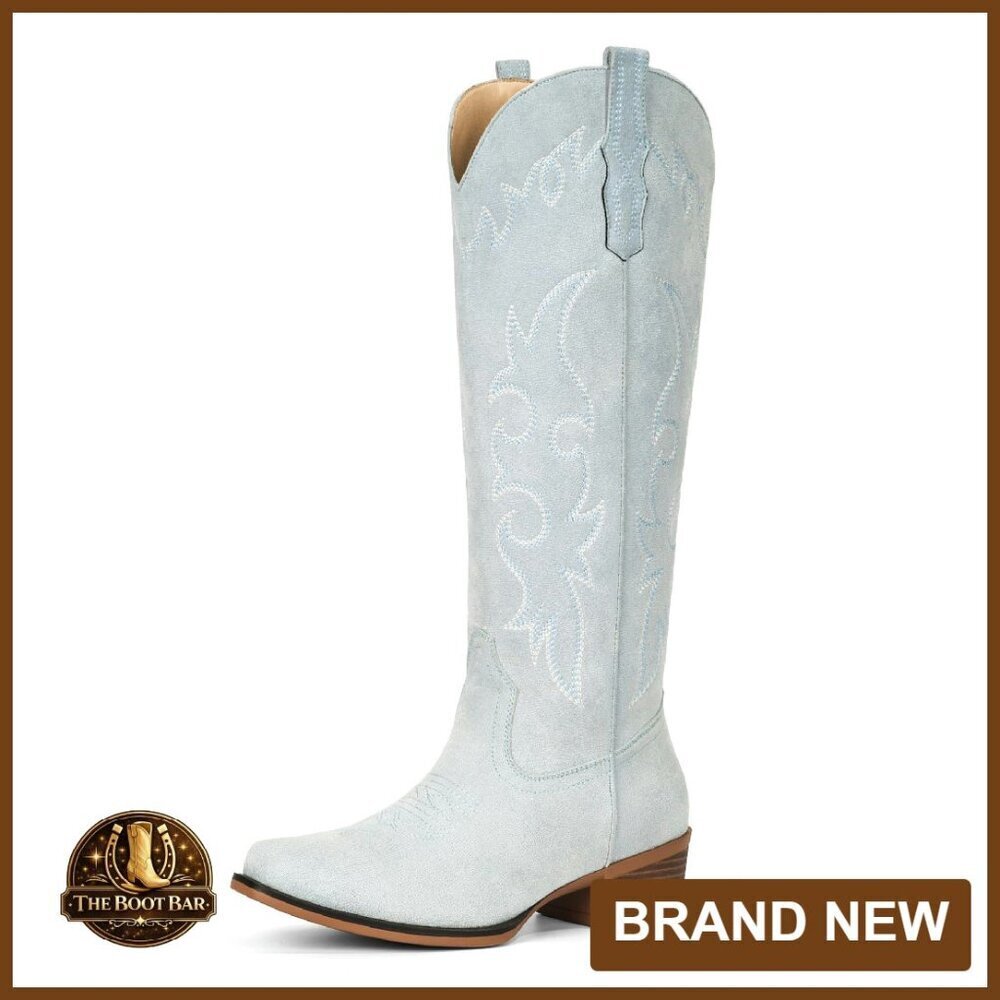 Women's Suede Cowboy Boots Knee High Western Pointed Toe Low Heel
